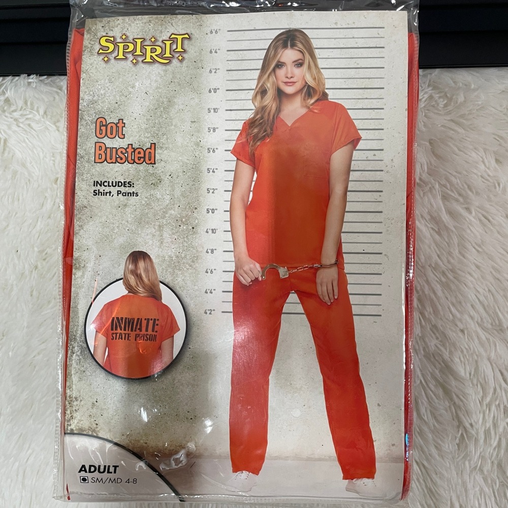 Spirit Halloween Got Busted Inmate Prisoner Costume Adult SM/MD 4-8 Orange 2pc